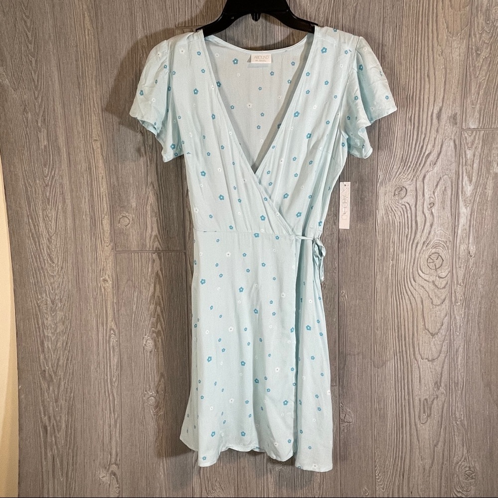 Abound Floral Short Sleeve Blue Wrap Front Women's Mini Spring Summer Dress XXS